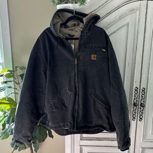 Vintage Carhartt J141 BLK Sherpa Lined Faded Black Canvas Hooded Coat 4XL